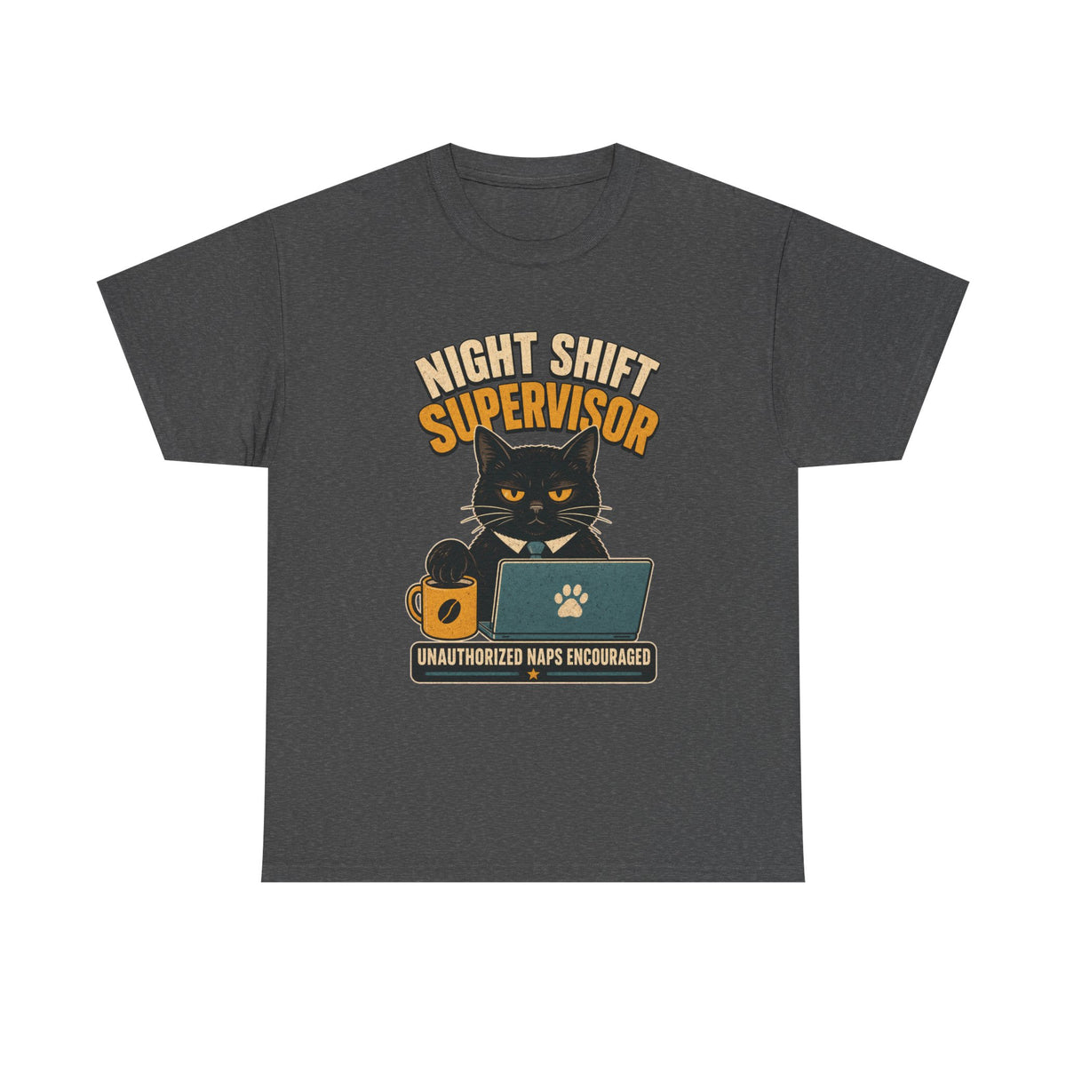 Night Shift Supervisor T-Shirt — Cute Cat with Laptop & “Unauthorized Naps Encouraged”