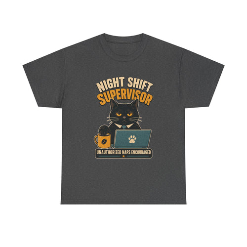 Night Shift Supervisor T-Shirt — Cute Cat with Laptop & “Unauthorized Naps Encouraged”