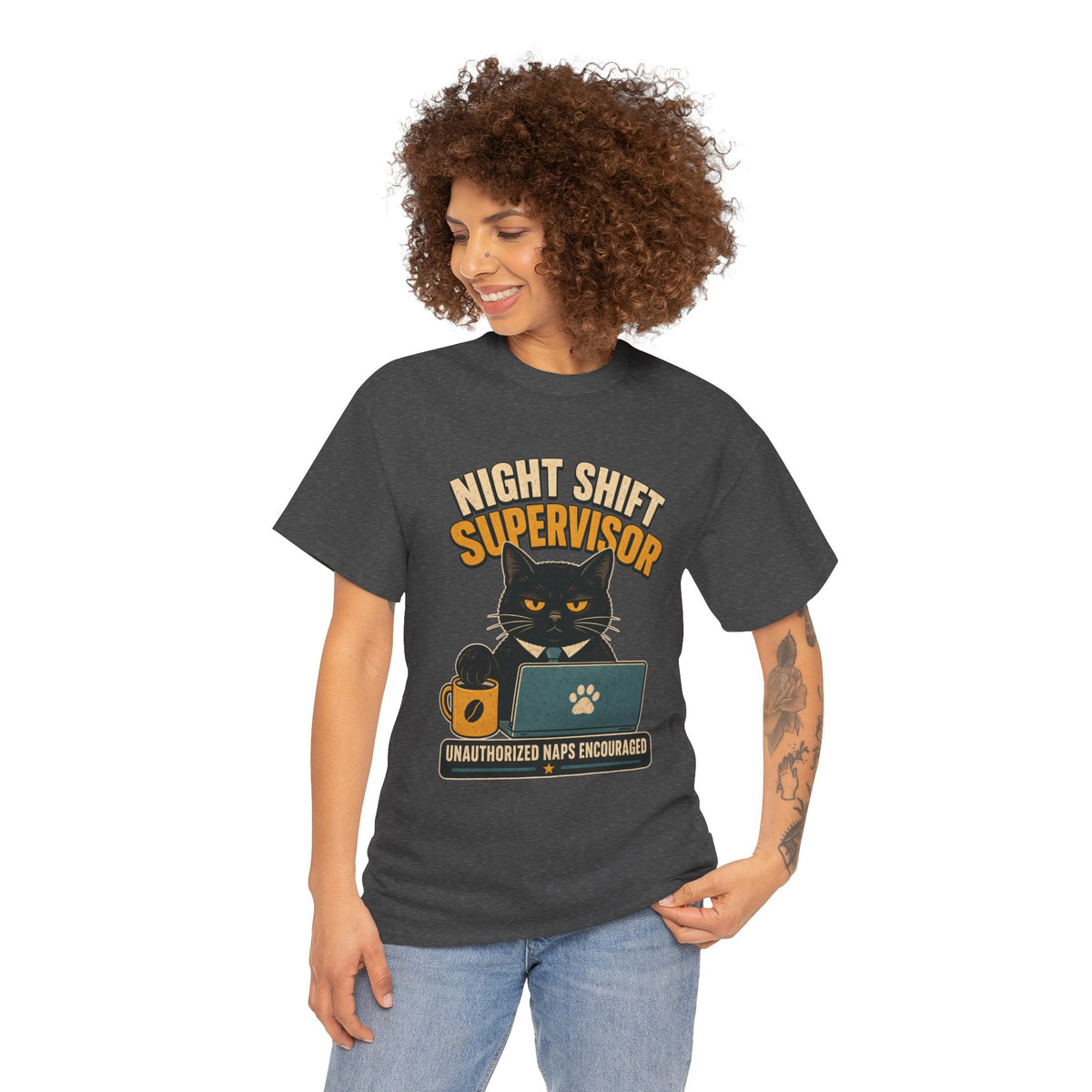 Night Shift Supervisor T-Shirt — Cute Cat with Laptop & “Unauthorized Naps Encouraged”
