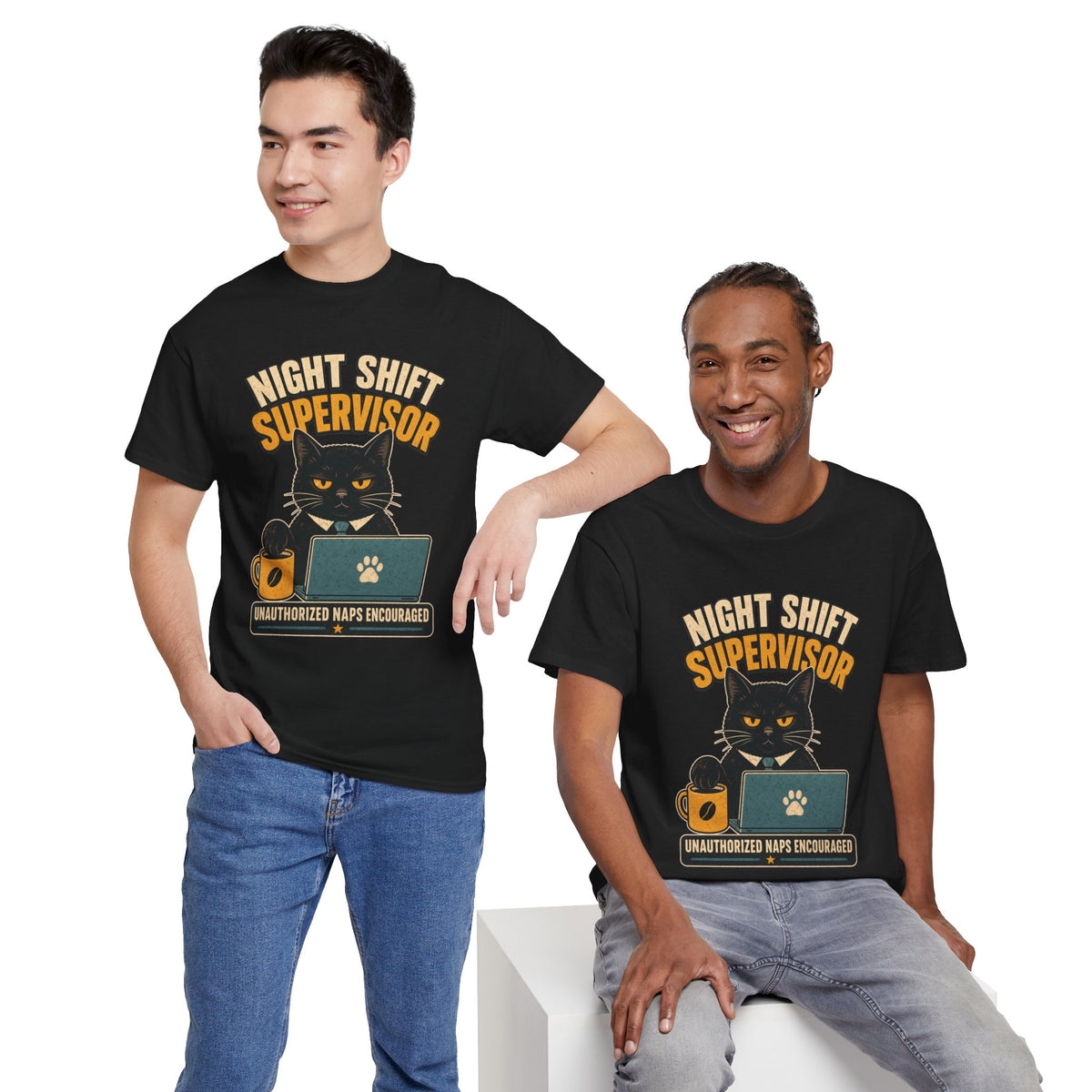 Night Shift Supervisor T-Shirt — Cute Cat with Laptop & “Unauthorized Naps Encouraged”