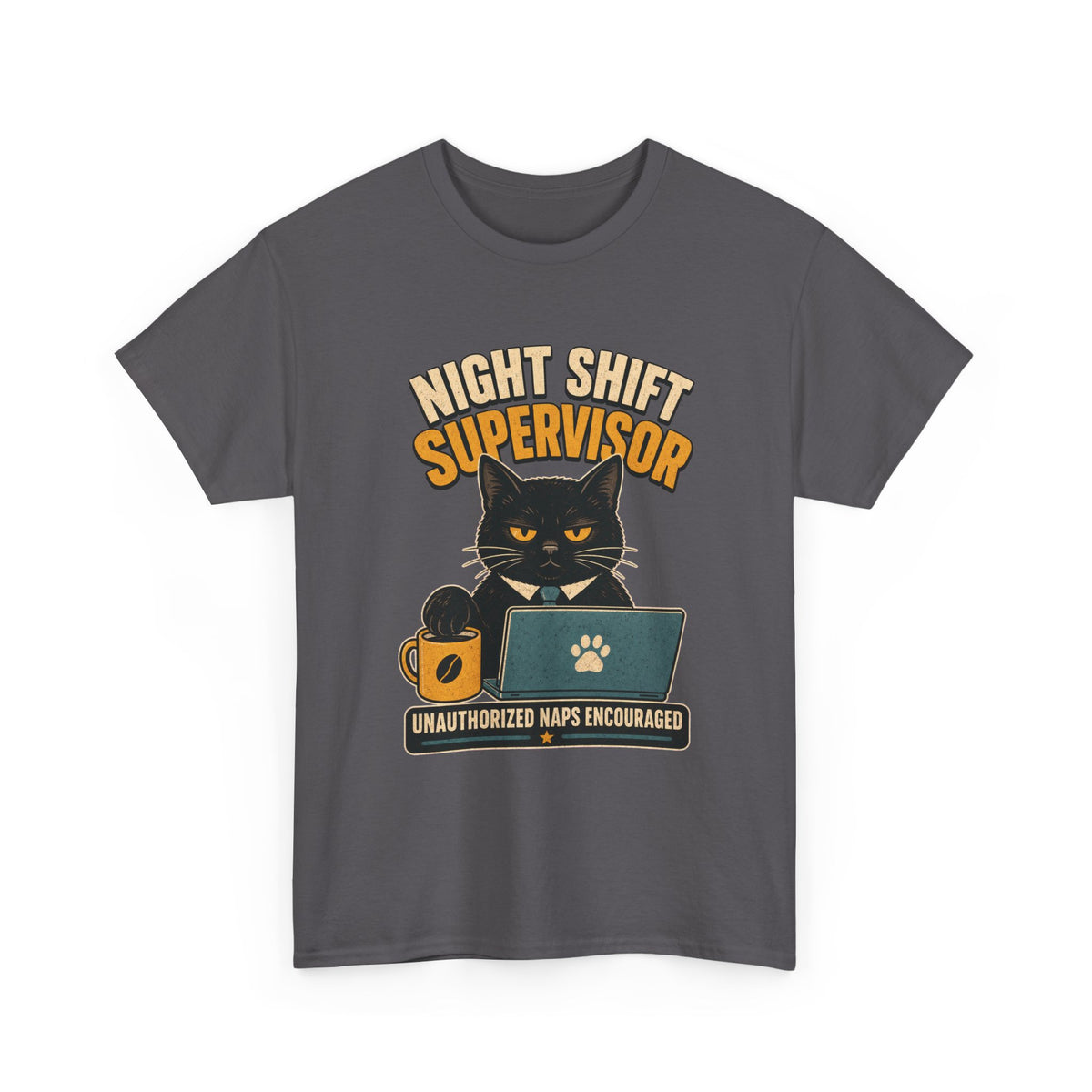 Night Shift Supervisor T-Shirt — Cute Cat with Laptop & “Unauthorized Naps Encouraged”