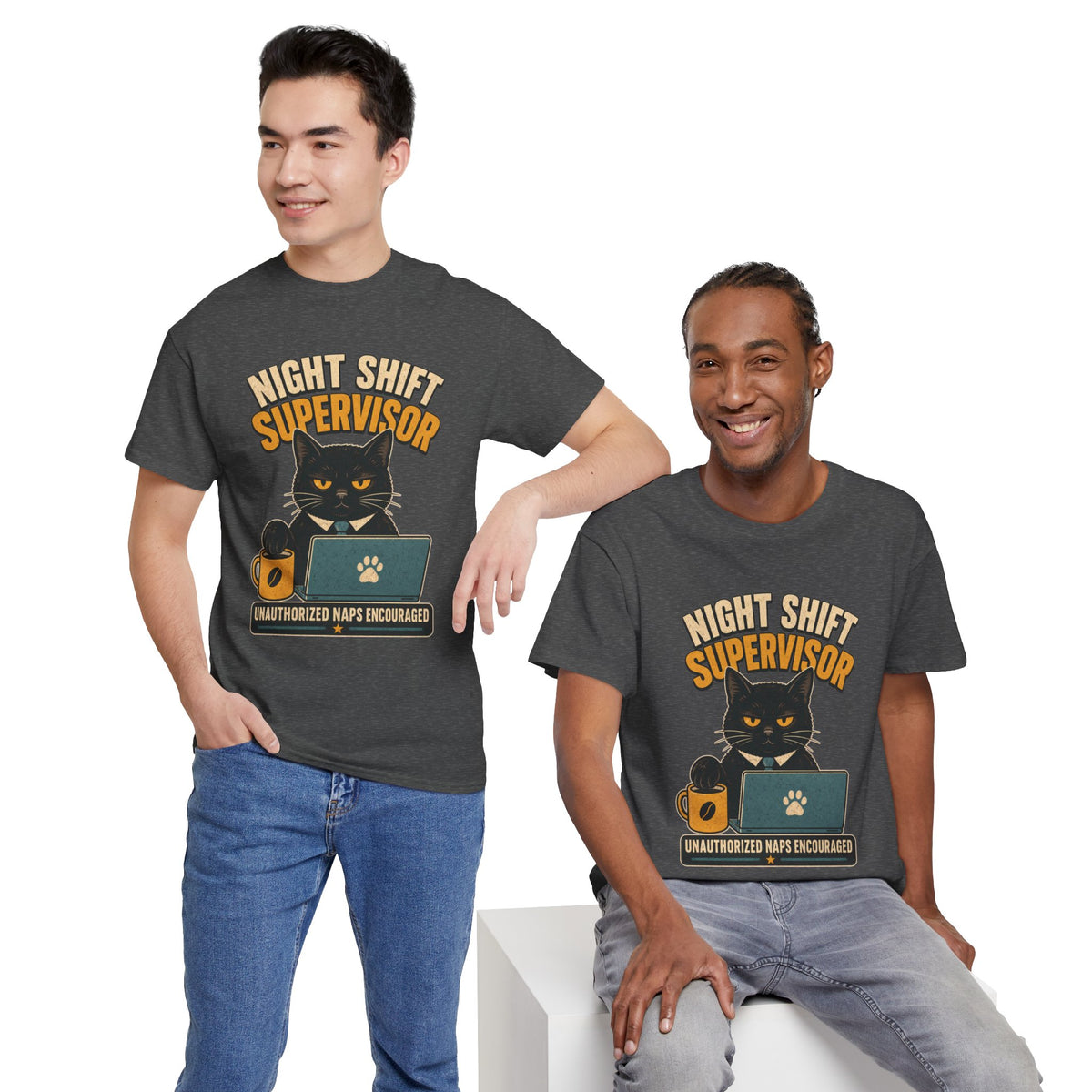 Night Shift Supervisor T-Shirt — Cute Cat with Laptop & “Unauthorized Naps Encouraged”