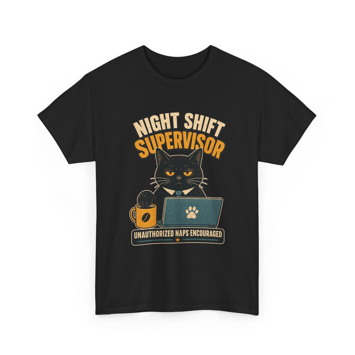 Night Shift Supervisor T-Shirt — Cute Cat with Laptop & “Unauthorized Naps Encouraged”