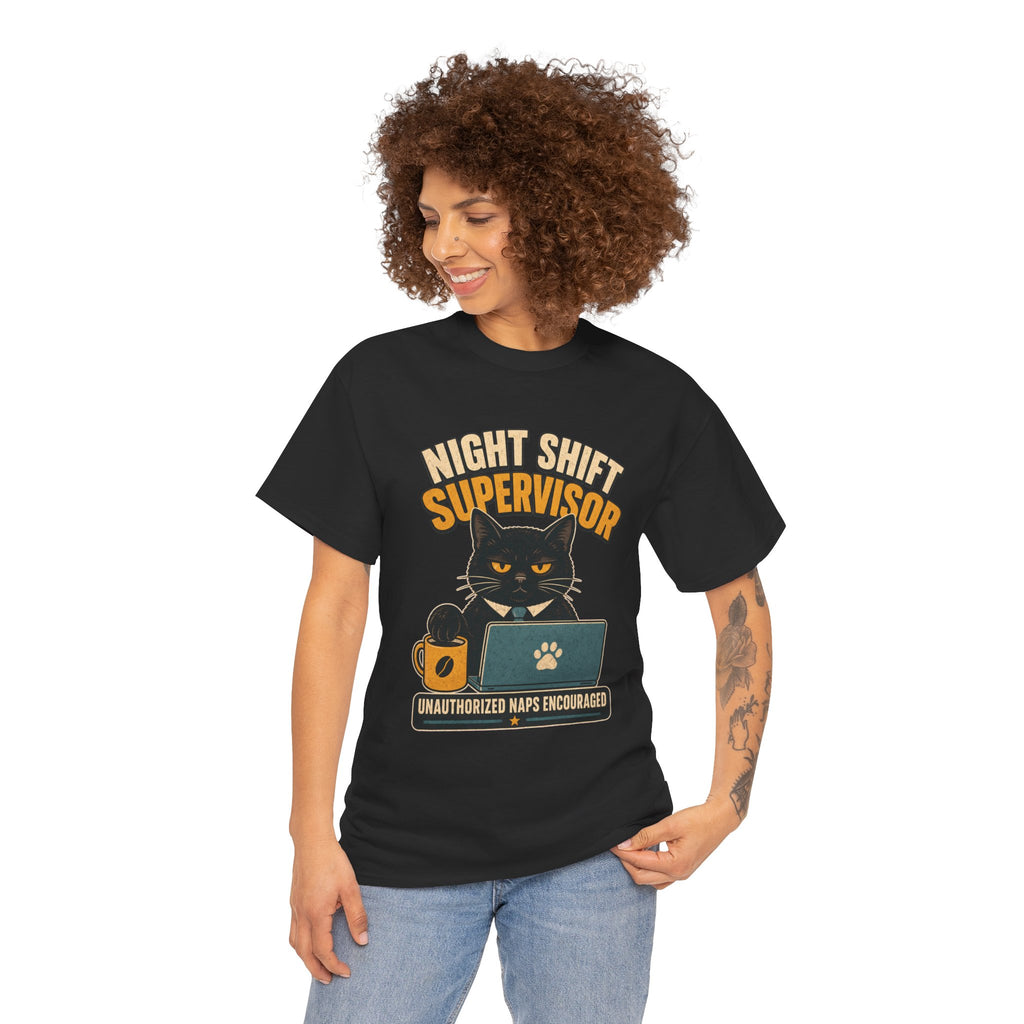 Night Shift Supervisor T-Shirt — Cute Cat with Laptop & “Unauthorized Naps Encouraged”