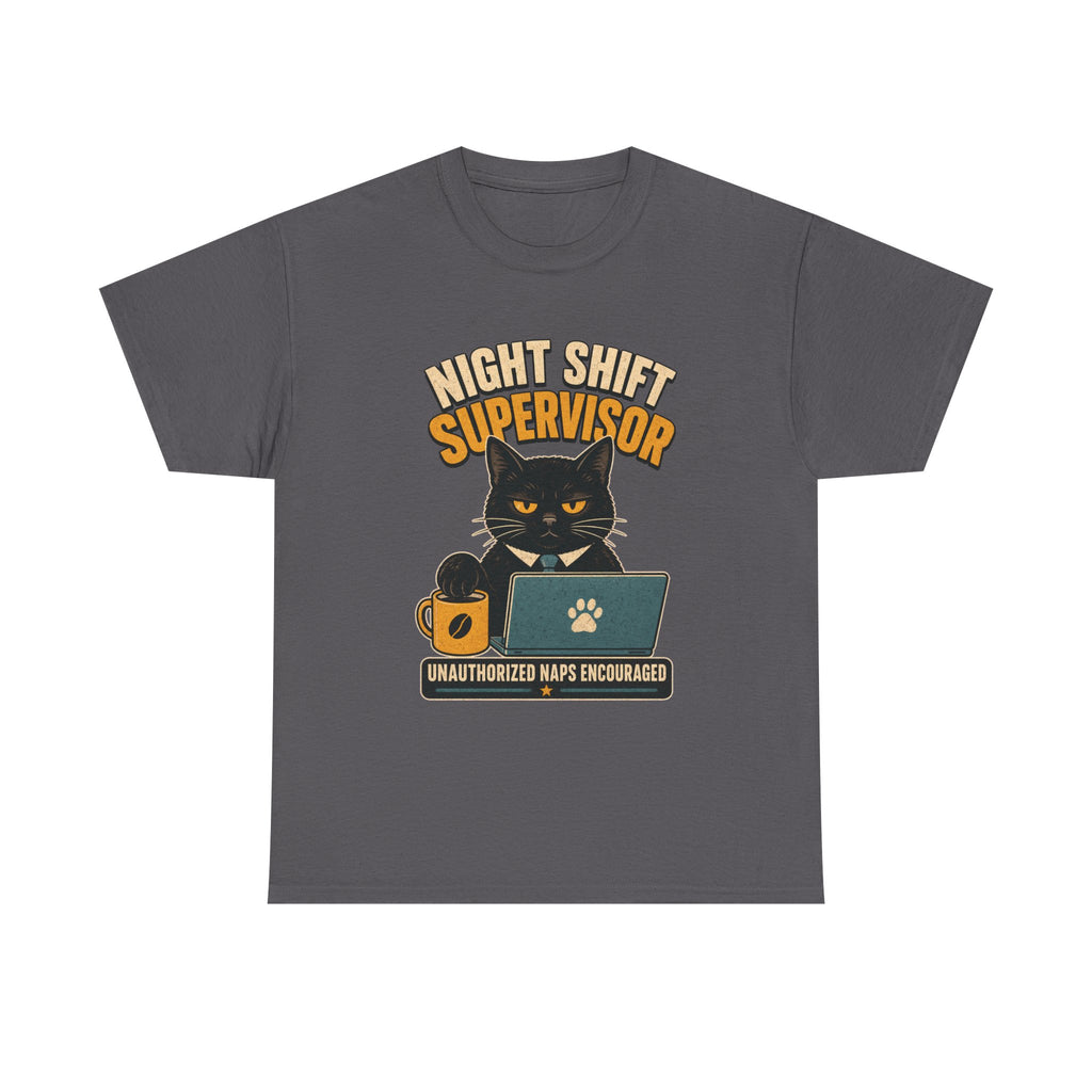 Night Shift Supervisor T-Shirt — Cute Cat with Laptop & “Unauthorized Naps Encouraged”