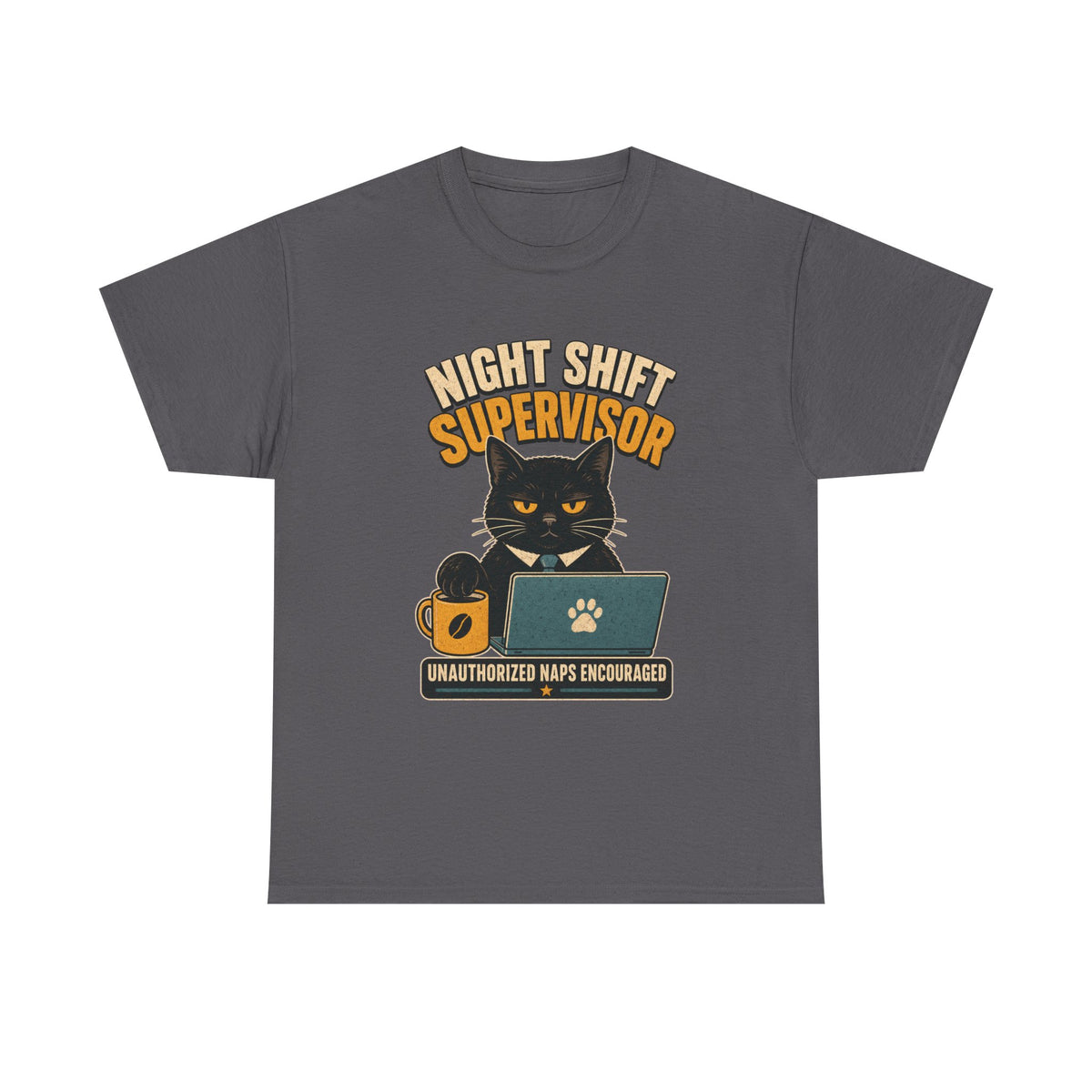 Night Shift Supervisor T-Shirt — Cute Cat with Laptop & “Unauthorized Naps Encouraged”