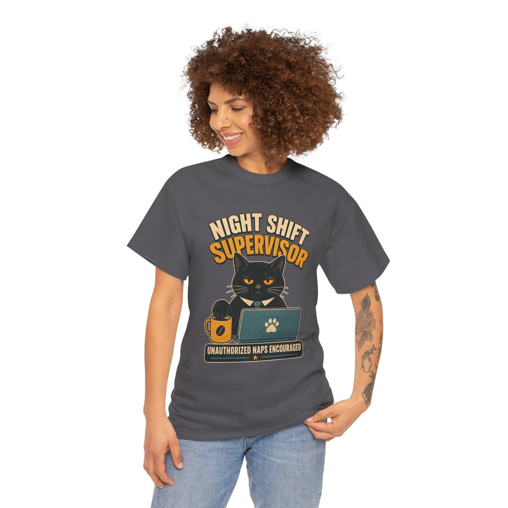 Night Shift Supervisor T-Shirt — Cute Cat with Laptop & “Unauthorized Naps Encouraged”