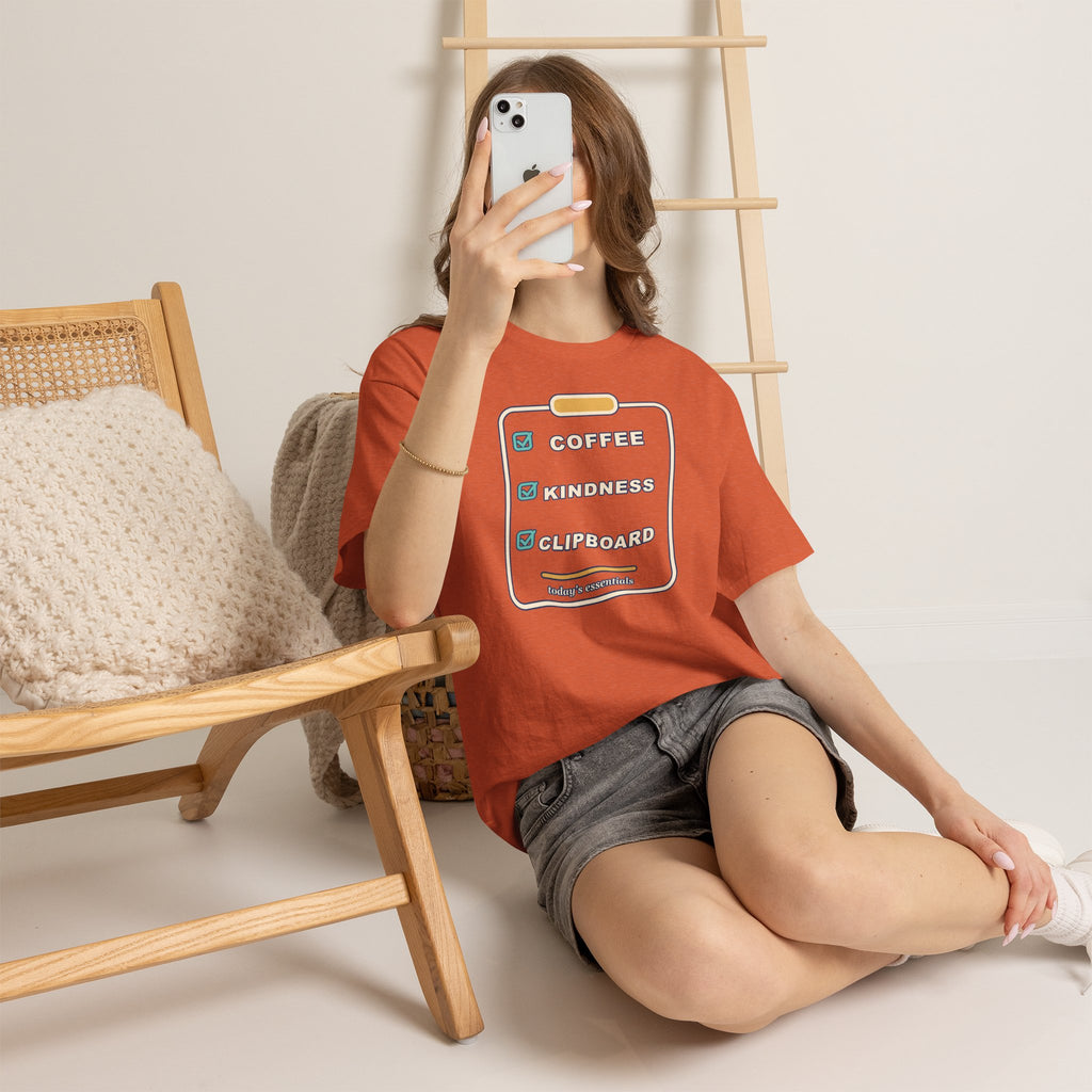 Clipboard Essentials T‑Shirt — "Coffee, Kindness, Clipboard" Checklist Tee