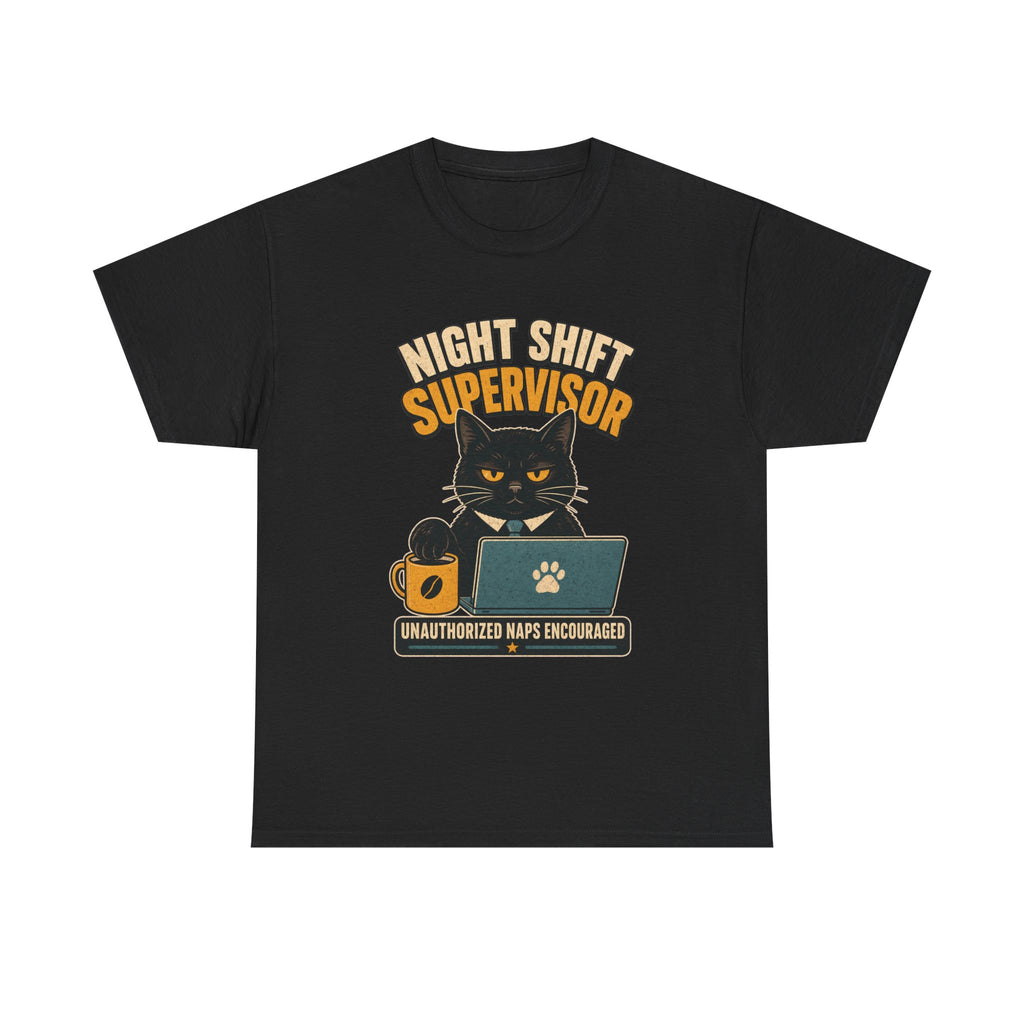 Night Shift Supervisor T-Shirt — Cute Cat with Laptop & “Unauthorized Naps Encouraged”
