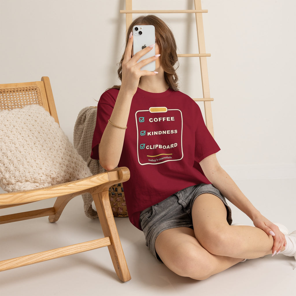 Clipboard Essentials T‑Shirt — "Coffee, Kindness, Clipboard" Checklist Tee