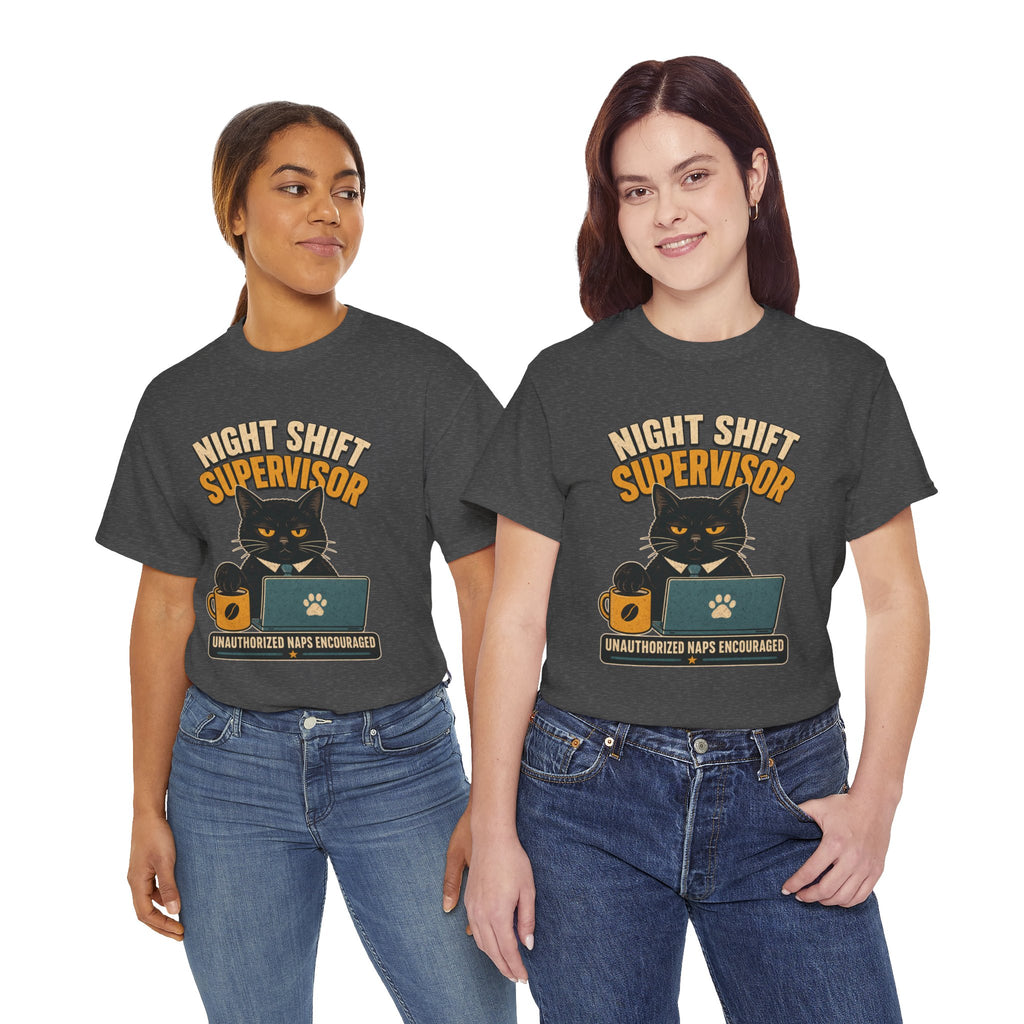 Night Shift Supervisor T-Shirt — Cute Cat with Laptop & “Unauthorized Naps Encouraged”
