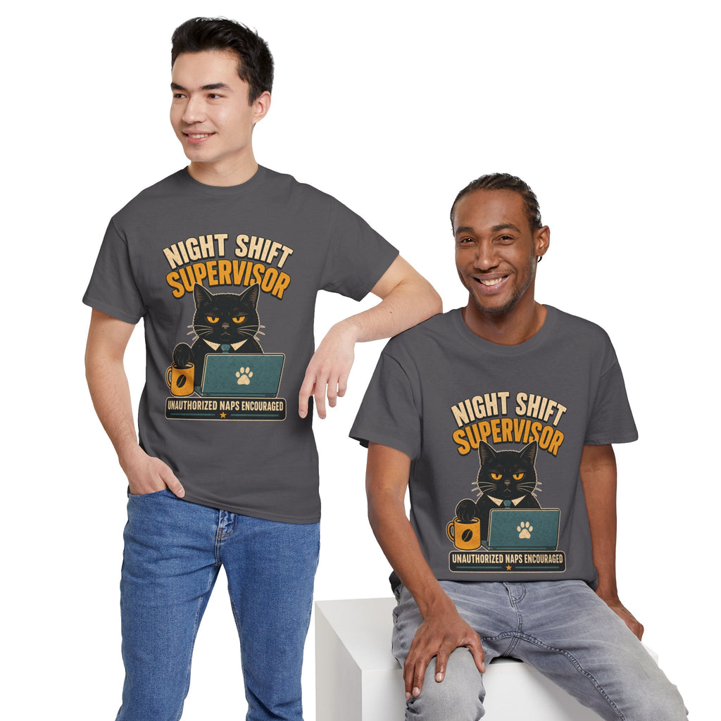 Night Shift Supervisor T-Shirt — Cute Cat with Laptop & “Unauthorized Naps Encouraged”