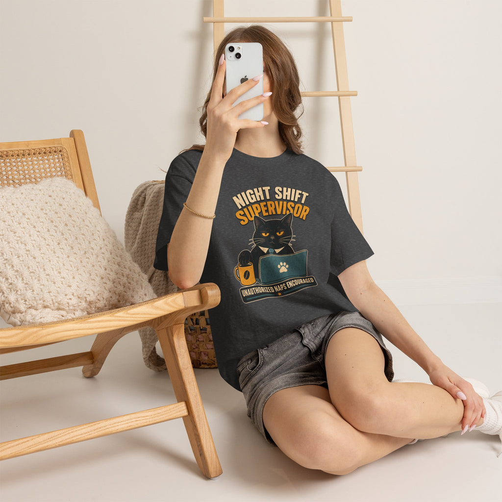 Night Shift Supervisor T-Shirt — Cute Cat with Laptop & “Unauthorized Naps Encouraged”