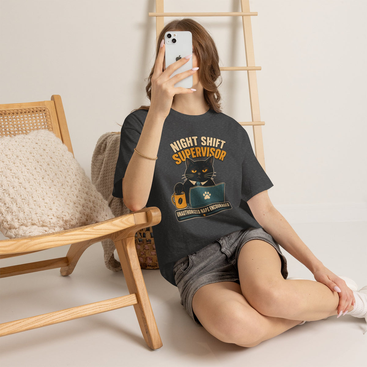 Night Shift Supervisor T-Shirt — Cute Cat with Laptop & “Unauthorized Naps Encouraged”