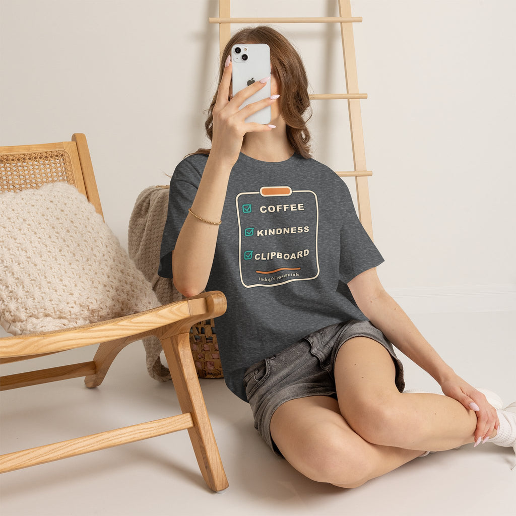 Clipboard Essentials T‑Shirt — "Coffee, Kindness, Clipboard" Checklist Tee