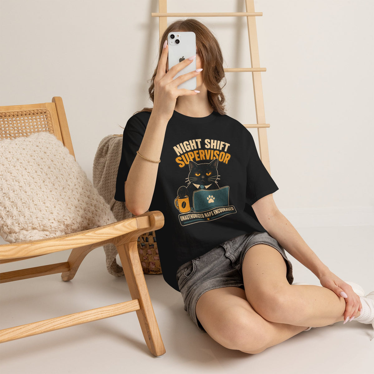 Night Shift Supervisor T-Shirt — Cute Cat with Laptop & “Unauthorized Naps Encouraged”