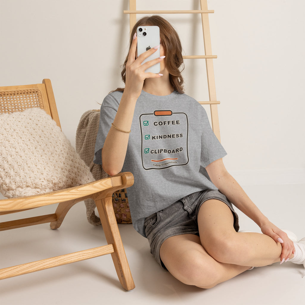 Clipboard Essentials T‑Shirt — "Coffee, Kindness, Clipboard" Checklist Tee