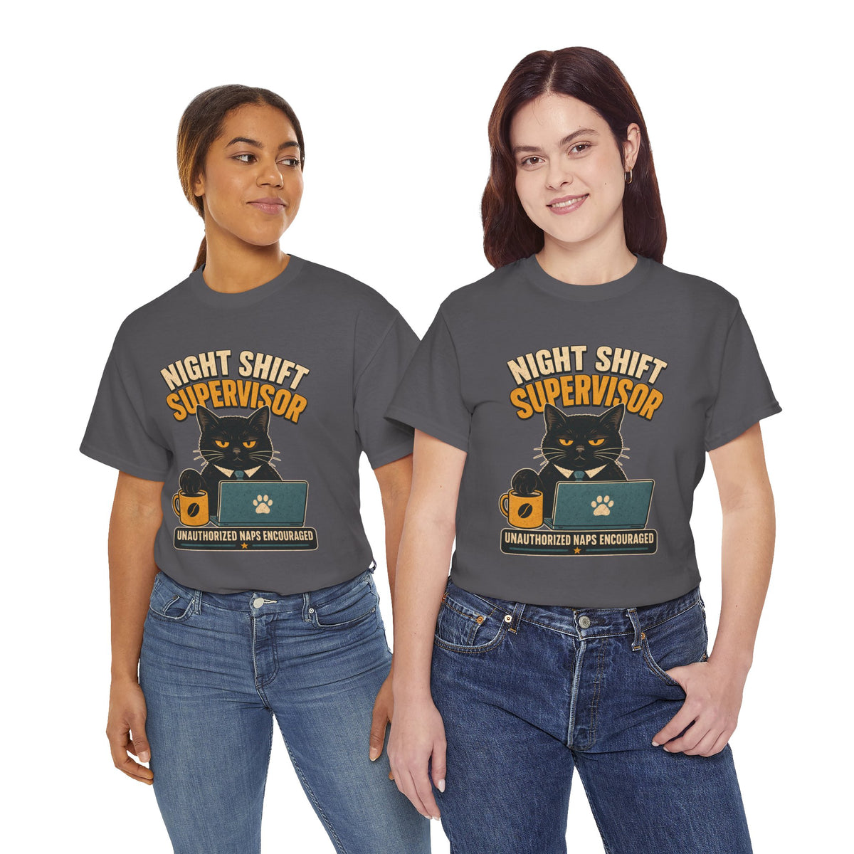 Night Shift Supervisor T-Shirt — Cute Cat with Laptop & “Unauthorized Naps Encouraged”