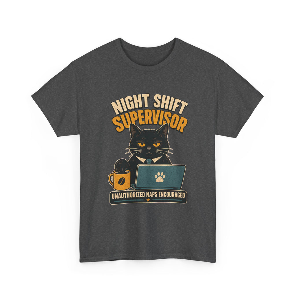 Night Shift Supervisor T-Shirt — Cute Cat with Laptop & “Unauthorized Naps Encouraged”